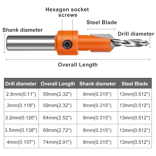Lytool Countersink Drill Bit Set,5 Pcs Counter Sink Bits for Wood,Tapered Drill Bits for Woodworking,Round Shank,Allen Wrench, Wood Screw Counter Sinker Drill Bits with Depth Stop,Pilot Screw Hole Set
