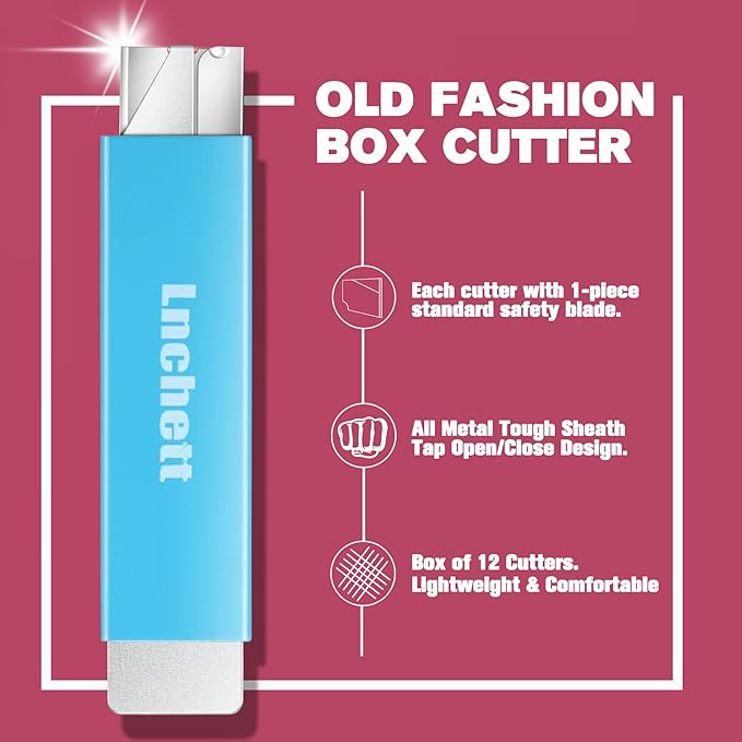 Box Cutter, 12-Pack Retractable Cardboard Mini Box Cutter for Packages, Boxes and Paper, All Metal Tough Sheath, Functional Basic Cutter with Case, Lock Ball Design
