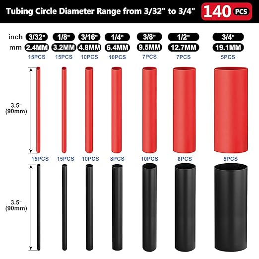 Chanzon 140 Pcs Heat Shrink Tubing Kit, 3:1 Red & Black Sleeving Heat Shrink Wrap Tubing with Length 3.5" (inch), Marine Grade Electrical Waterproof Polyolefin Heat-Shrink Tube