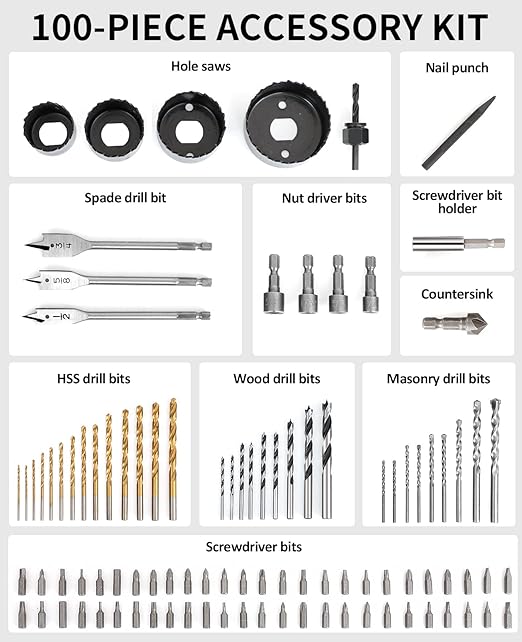 AVID POWER Drill Bit Set, Titanium Twist Brad Point Driver Bits, Drill and Screwdriver Bits Combo Kit with Case for Metal, Wood, Concrete and Masonry, 100 Pieces