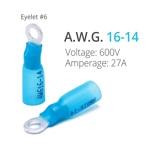 Wirefy 130 PCS Heat Shrink Ring Terminals #6 - a Resistant Ring Connectors - Eyelet Wire Connectors - Blue 16-14 AWG