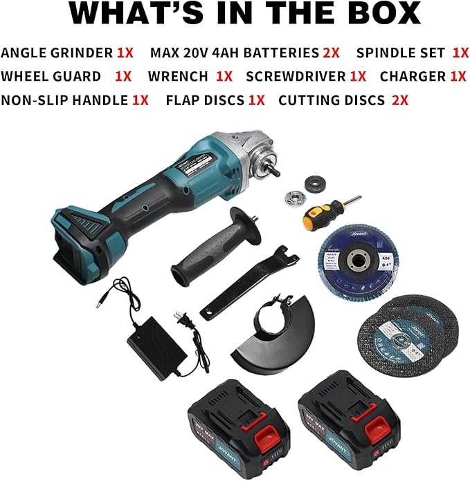 20V Cordless Angle Grinder, 4" and 4-1/2" Electric Angle Grinder Kit, 8500RPM Power Grinder Brushless Motor for Cutting/Sharpening/Removing Rust -JOVANT (2 Batteries)