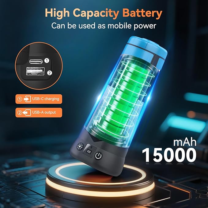 Rechargeable Camping Light with Stand 7ft Max Height, 15000mAh Portable Cordless LED Work Light, 5500 Lumen 6500/4500/3500K Dimmable Emergency Flashlight with Detachable Tripod, Blue