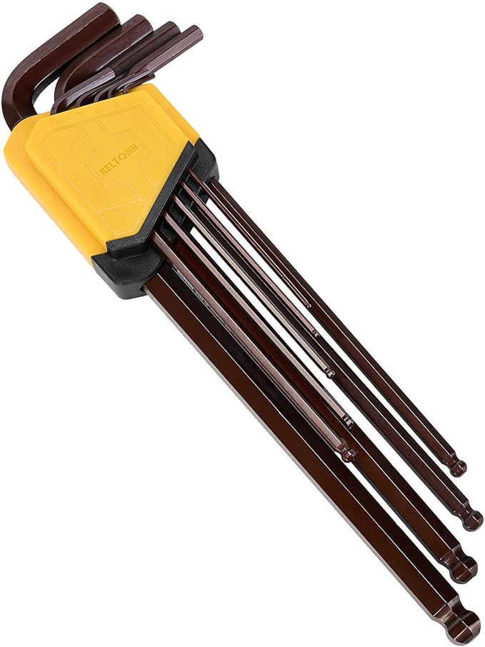 Extra Long Allen Wrench Ball End S2 Steel – 9PCS Metric Hex Key Set, S2 Alloy, 1.5–10mm, 9in, Bronze Finish, for Deep Space Work, Auto Repairs, Workshop Use