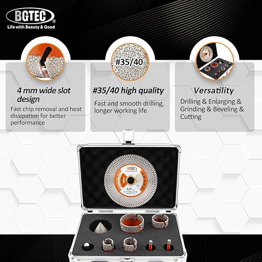 BGTEC Diamond Hole Saw Kit - 9PCS 6/6/20/25/35/50mm Drill Bits + 50mm Chamfering Bit + Adaptor + 115mm Tile Blade for Porcelain Tile Ceramic Granite Marble Stoneware