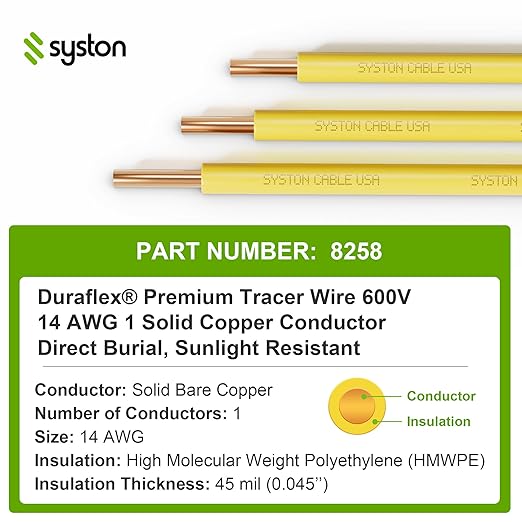 14 AWG Tracer Wire 600V 100% Solid Copper Conductor Direct Burial Underground, Yellow Tracer Wire for Locating Underground Pipes and Lines Gas Electrical Wire Water Sewer Pipe and Fiber Optic, 500 FT
