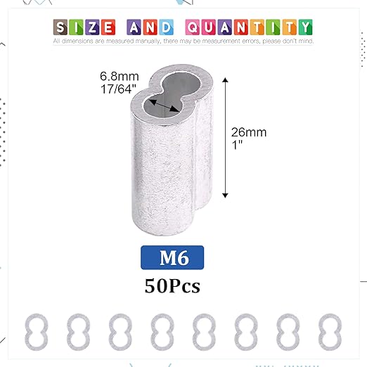 Glarks 50Pcs 1/4''(6mm) Aluminum Crimping Loop Sleeve Wire Rope Sleeves Double Barrel Ferrule for Wire Rope and Cable Line End (1/4''-50Pcs)