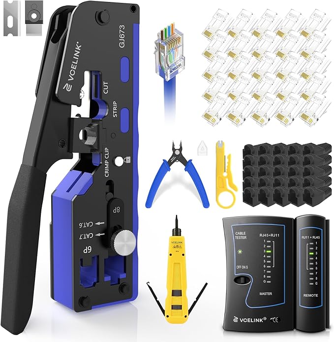 VCELINK Ethernet All-in-One RJ45 Crimp Tool Kit, Cat6/7 Crimping Tool Kit With Cable Tester,Wire Stripper, Cutters,Punch Down Tools, 25Pcs Cat 6 Connectors and Strain Relief Boots for DIY