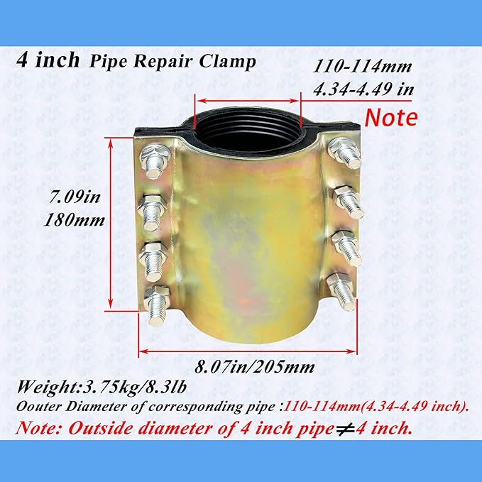 Water Pipe Repair Clamp for 4 inch Pipe(OD of The Applicable Pipe is 4.49 inch),Leak Sealer for Pipe,Length 7.09 inch,Suitable for PE/PPR/Steel/Stainless Steel Pipes