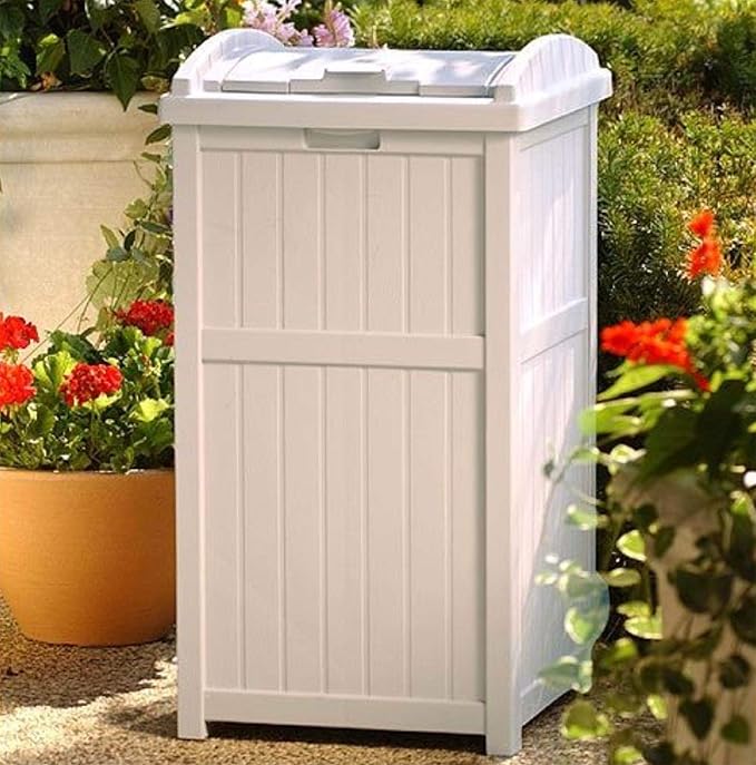 Suncast 2 Pack 15.75" x 16" x 31.6" Trash Hideaway 33 Gallon Resin Outdoor Commercial Garbage Container with Lid for Backyard, Deck, or Patio in Taupe