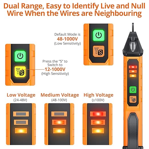 Proster Non Contact Voltage Tester Pen - Adjustable Sensitivity AC Voltage Detector, Electric Volt Pen Tester Pen 12-1000V/48-1000V, Contactless Voltage Detector