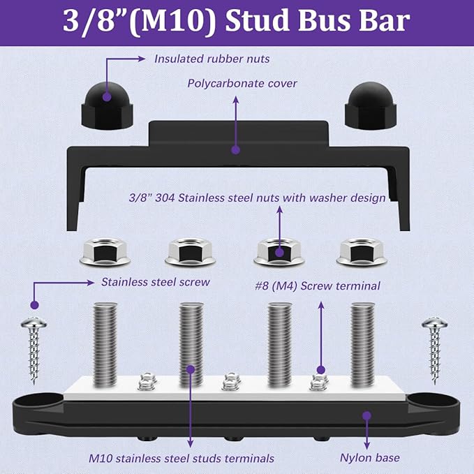 250A 12V Bus Bar Marine Power Distribution Block with Cover with 4 x 3/8”Post 6 x #8 Screws Terminals,Battery Bus Bar (Pair, Red & Black),Automotive Busbars 12 Volt for Car Boat Solar Wiring
