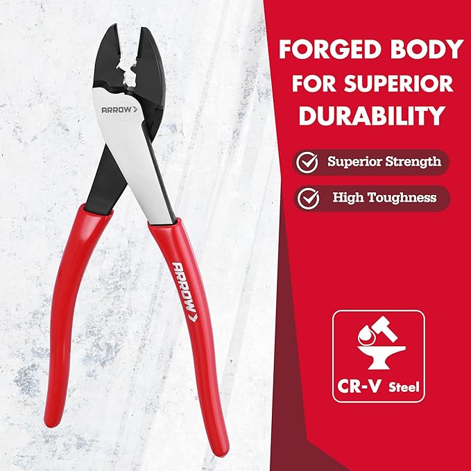 ARROW 9.5" Wire Crimper/Cutter, Wire Crimping Tool with Thick Dip-Grip Handle, CR-V Steel, Crimper Tool Electrical for 10–22 AWG Insulated & Non-Insulated Terminals and Connectors