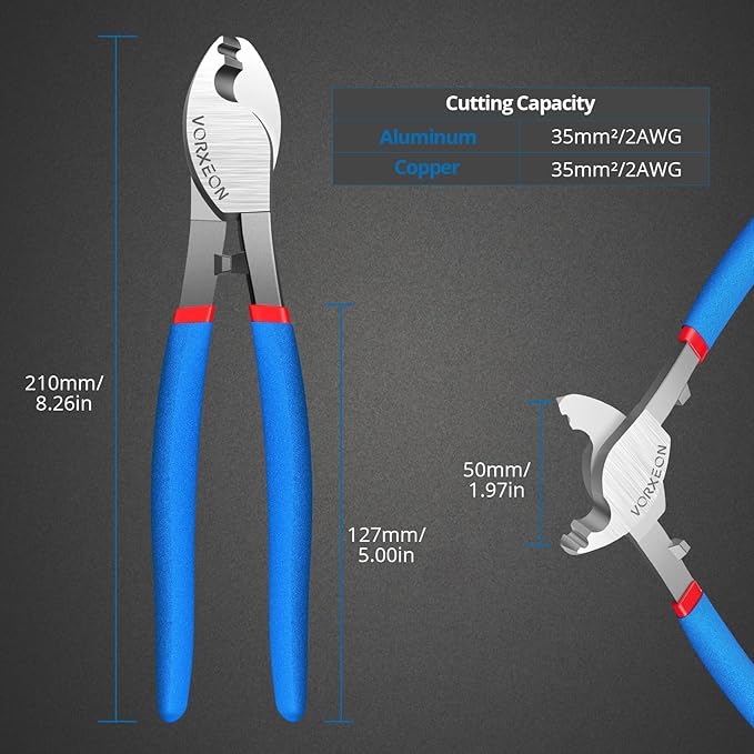 Wire Cutters Pliers 8-Inche Cable Cutter High Leverage Cutters for Aluminum, Copper, Communications and Ethernet Cable