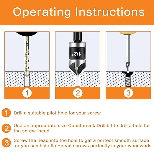 5 Pcs Countersink Drill Bit Set, 82 Degree, 5Flute with 1/4” Quick Change Hex Shank, Sizes 1/4” to 3/4” for Metal, Wood & Plastic, Ideal for Carpentry, Metalwork, Plastic Fabrication