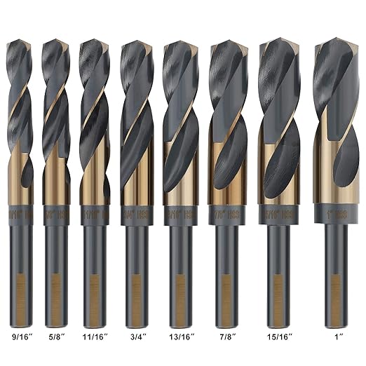 COMOWARE Reduced Shank Drill Bit Set, 8 Sizes from 9/16" to 1", HSS M2, Black & Gold Drill Bit with 3-Flat 1/2" Shank, 135° Split Point, Drills Bits for Metal/Plastic/Wood, with Storage case