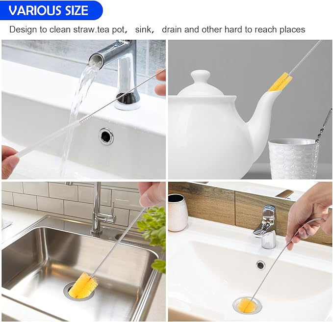 6pcs Flexible Drain Brush 78 Inch Pipe Cleaning Brush 63 Inch Drain Cleaner Brush 59 Inch Hose Brush and 3 Pcs 9 Inch Straw Cleaner Brush for Straws Kitchen Sink Plumbing Shower Drain Tube (Yellow)