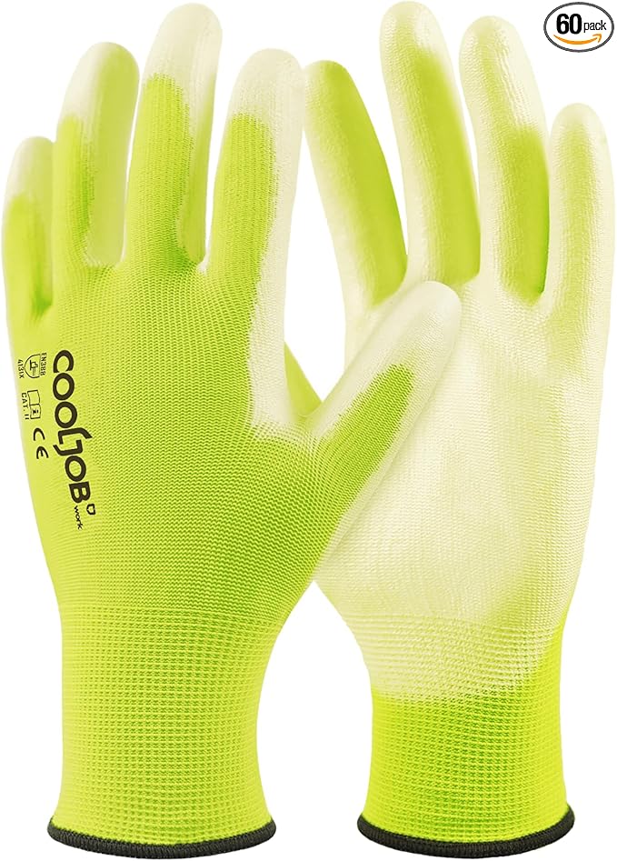 COOLJOB 60 Pairs Safety Work Gloves Pack Bulk with Grip PU Coating, 13 Gauge Seamless Knit Gloves with Polyurethane Dipped for Warehouse Working, Breathable Lightweight for Men Women, Yellow Medium