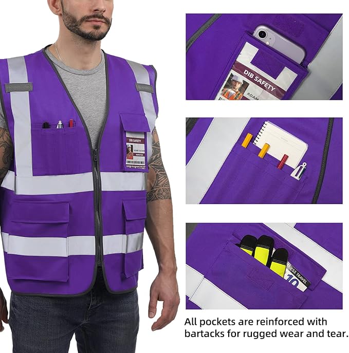 Dib Safety Reflective Vest High Visibility with Pockets and Zipper, Purple M