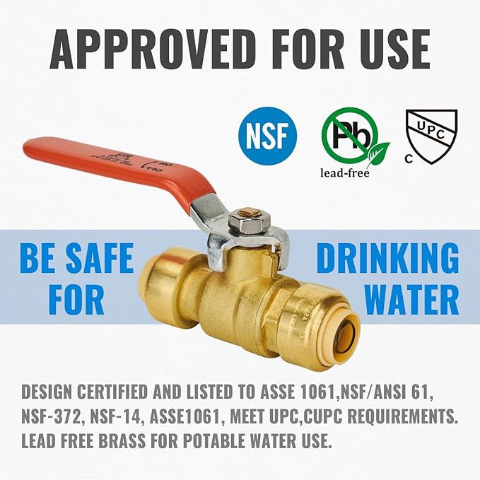 Shut Off Ball Valve 1/2 Inch, SUNGATOR 1/2 Inch Ball Valve, Push-to-Connect Water Shutoff, No Lead Brass Pushfit Plumbing Fittings for PEX Pipe, Copper, CPVC, Pack of 1