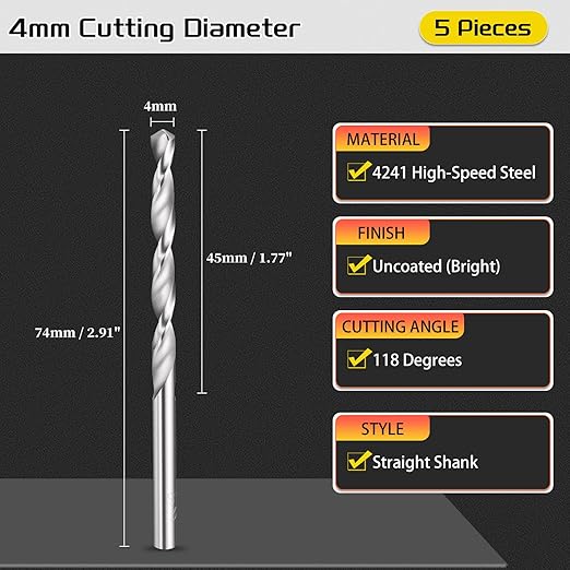 Drill Bit, 4mm Cutting Diameter, 4241 HSS 118° Cutting Angle Uncoated Bright Versatile Jobber Bits - (Applications: for Drilling Plastic Wood Soft Metal), 5-Pieces