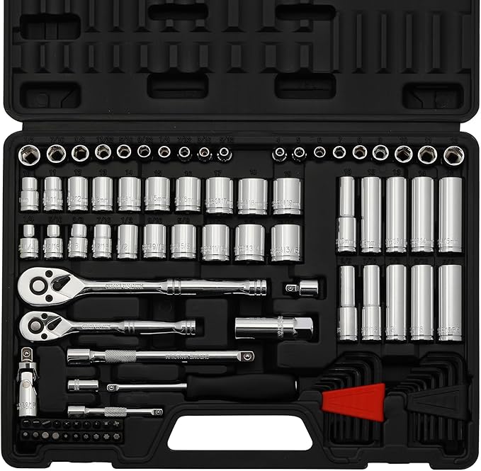 94pcs 1/4" & 3/8" Drive Socket Set, Socket Wrench Set with Ratchet Handle, Extention Bar, Adapter, Screwdriver Bit Set, Spark Plug Socket, CR-V, Metric/SAE, Deep/Shallow, Mirror Chrome Finish