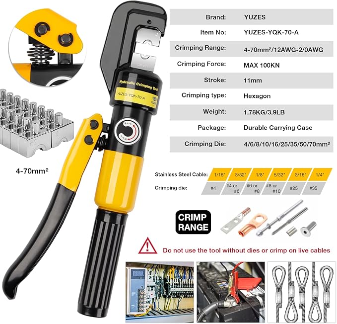 YUZES Hydraulic Crimping Tool 10 Tons, 12 AWG to 2/0 Battery Cable Crimper Tool with 9 Dies, Easy to Operate Hydraulic Wire Crimping Tool Kit for Wire Rope, Battery Cable Ends Ring Terminals