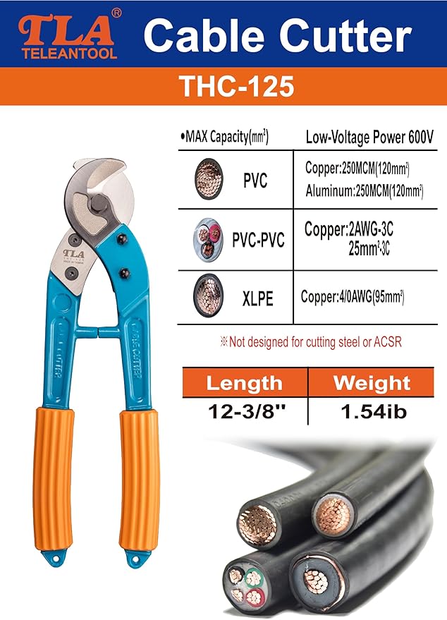 Teleantool (TLA) THC-125 12-Inch Heavy Duty Cable Cutter – Aluminum Handle, Cuts 250MCM Copper & Aluminum Wire