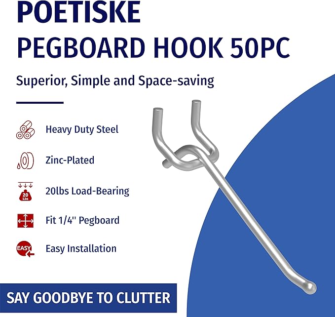 unp POETISKE Pegboard Hooks 0.204'' Diameter 8 inch Silver Metal Ball Ending Garden Tool Organizer Fits 1/4’’ Pegboard Garage Wall Hooks 50PCS