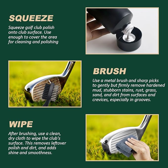 Golf Club Cleaning Kit 3-in-1 with Golf Club Cleaner Brush, Towel and 200g Golf Club Polish - Golf Club Care Kit for Instant Groove Rust & Scratch Remover - Golf Accessories for Men