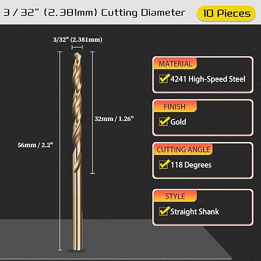 Drill Bit, 3/32" Cutting Diameter (2.381mm), 4241 HSS Gold 118° Cutting Angle Versatile Jobber Bits - (Applications: for Drilling Plastic Wood Soft Thin Metal), 10-Pieces
