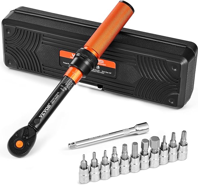 VEVOR 13Pcs Torque Wrench Set, 1/4 Inch Drive, 20-200IN.LB(2.3-22.6Nm), 72-Tooth Click Torque Wrench with Hex/Torx/Sockets, Extension Bars, for Bicycle Motorcycle Maintenance