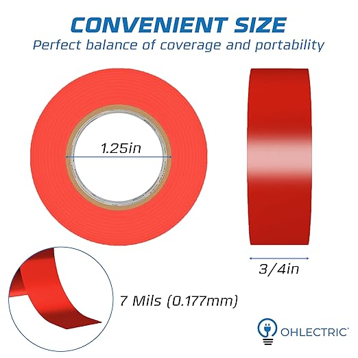 OHLECTRIC Professional Grade Vinyl Electrical Tape (1 Pack) Red - 7 Mil Thick Flame-Retardant, Heat & Weather Resistant 3/4 Inch x 60 Feet | Ideal for Contractors & Electricians