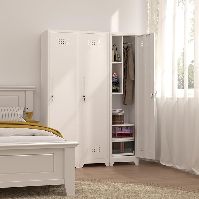 Metal Tall Broom Storage Cabinet, 65" Broom Closet Cabinets with Adjustable Shelves and S-Hooks, Slim Bathroom Cabinet, Metal Storage Cabinets for Home Office, Pantry, Bathroom