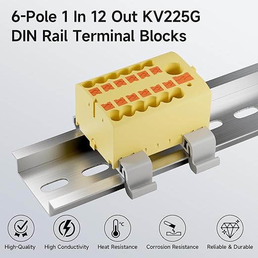 4Pcs KV225G DIN Rail Terminal Blocks, 6-Pole 1 in 12 Out Push-in Wire Connector/Splitter, 690V 24A