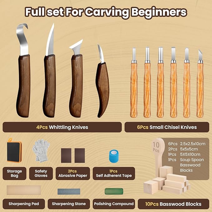 Wood Carving Kit Whittling Kit: 27pcs Wood Carving Tools Set with 4PCS Wood Carving Knives & 6PCS Detail Knive - Woodworking Tools Gift with Basswood Blocks Hobby for Beginners Adults Kids