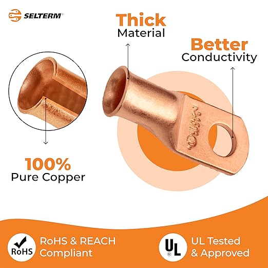 SELTERM 25pcs 1 AWG 5/16" Stud Battery Lugs, Ring Terminals, Heavy Duty Copper Wire Lugs, Battery Cable Ends, 1 Gauge Ring Terminal Connectors, UL Bare Copper Eyelets Electrical Battery Cable Lugs