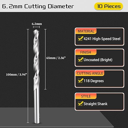 Drill Bit, 6.2mm Cutting Diameter, 4241 HSS 118° Cutting Angle Uncoated Bright Versatile Jobber Bits - (Applications: for Drilling Plastic Wood Soft Metal), 10-Pieces