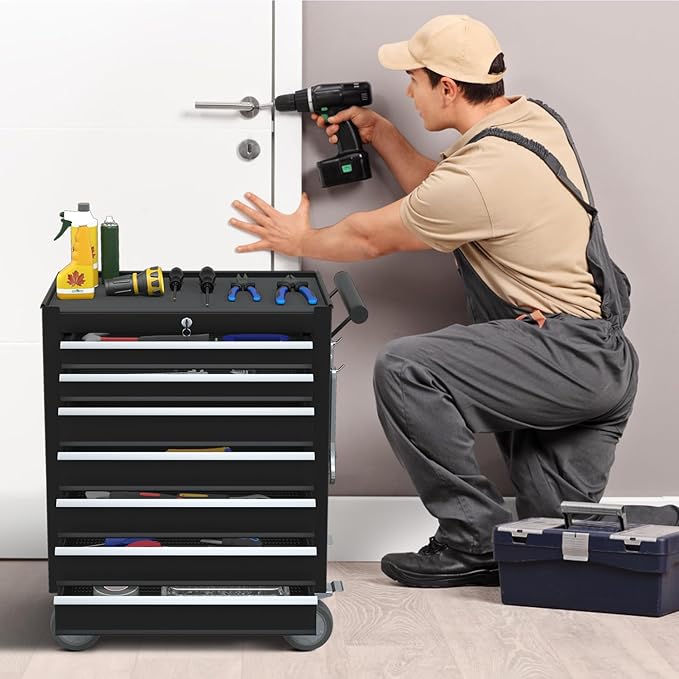 7-Drawer Rolling Tool Chest,Metal Rolling Tool Chest with Wheels and Locking Tool Box,Portable Metal Tool Box for Warehouse,Garage, Repair Shop, Workshop (Black, 7-Drawer)
