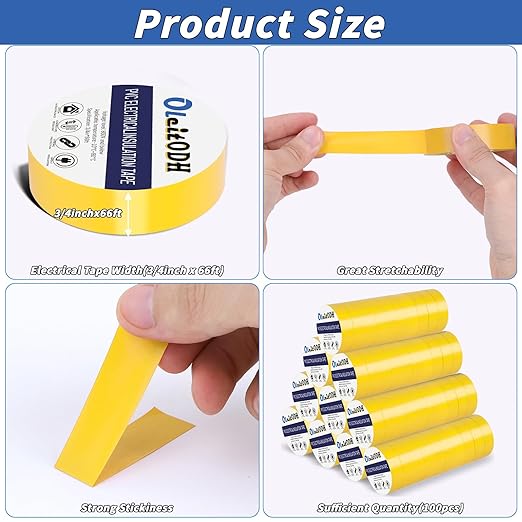 100 Rolls Yellow Electrical Tape Bulk 3/4 Inch x 66ft, Waterproof Vinyl Electric Tape High Temp Insulation Tape for Electrical Protection Home Outdoor Electric Insulating Wire Wrapping