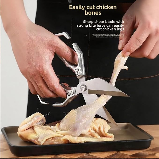 Multi-Purpose Kitchen Scissors,stainless steel scissors,Poultry Shears,Sharpeners Bottle Openers Zester and More Stainless Steel,for opening cans and heavy duty poultry cutting (Silver)