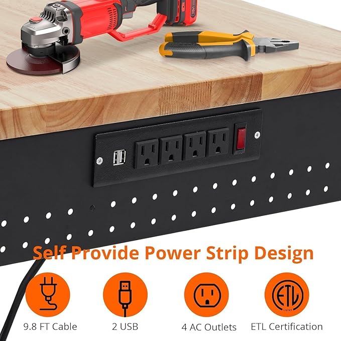 48x24 Inch Garage Workbench with Wheels, Adjustable Rubber Wood Top Garage Workbench with Power Outlet, 2000 Lbs Load Capacity, for Workshop, Woodworking, Office, Home.