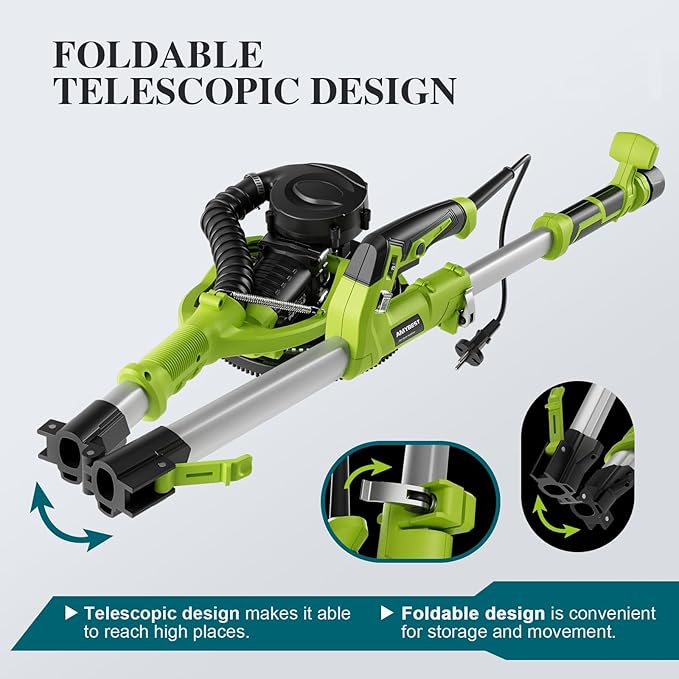 AMYBEST Drywall Sander, Powerful Electric Drywall Sander with Vacuum Dust Collection, 5 Speed 1000-2100 RPM, Popcorn Ceiling Remover, LED Light & 12 Sanding Discs, Extendable Handle (GREEN）