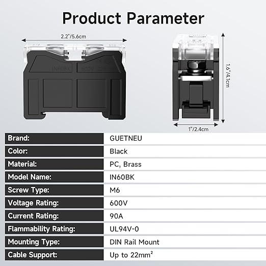 2Pcs DIN Rail Terminal Blocks with Cover, IN60BK 600V 90A 22mm² Electrical Connection Terminals, 4Pcs 14-12 AWG Insulated Fork Spade Wire Connectors & 3.15 Inch DIN Rail Included