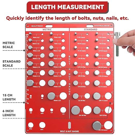 42 Nut and Bolt Thread Checker, Bolt Size and Thread Gauge, Screw Identifier Gauge with 19 Standard & 15 Metric Bolt & 8 Drill Bit Gauge, Gift for Mechanic Dad Son