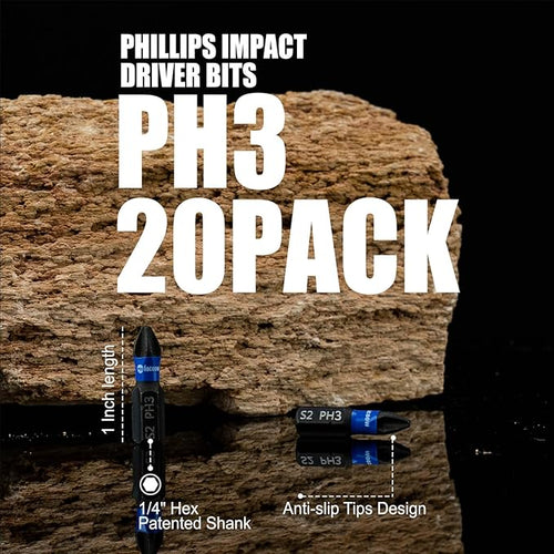 20 Pack Phillips Impact Driver Bits, #3 Phillips Head Magnetic Screwdriver Bits Set, 1 Inch S2 Alloy Steel Impact Bits, 1/4" Hex Shank Screwdriver Drill Bit, CNC Machined ph3 Impact Drill Bits