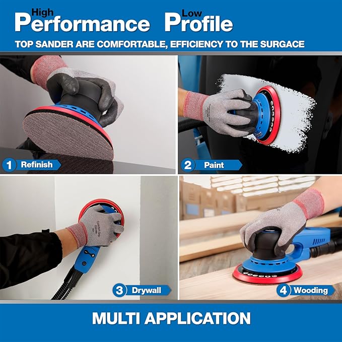 Electric 5mm Random Orbital Sander, Brushless 350W Low Vibration Orbital Sander, 6Inch Backing Pad, 7 Variable Speed (4000-10000RPM), Handheld Sanders for Surface Refinish, Woodworking, Cord 5M