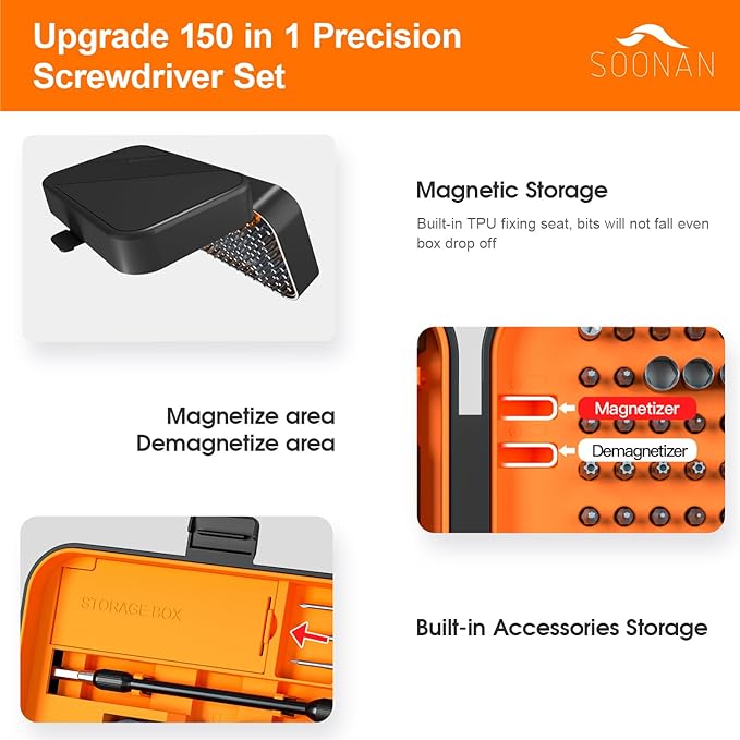 Precision Screwdriver Set, SOONAN 150 in 1 Electronics Tool Kit with 120 Bits Magnetic Screwdriver Set & 30-bit Tool Set Handy Repair Tool for Computer Phone Watch Camera Laptop, Orange
