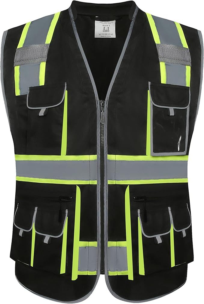 JKSafety 10 Pockets Hi-Vis Zipper Front Black Safety Vest | Cushioned Collar | High Reflective Tapes with Extended Neon Yellow Strips | Meets ANSI/ISEA Standards (XX-Large, 89-Black)