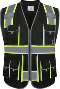 JKSafety 10 Pockets Hi-Vis Zipper Front Black Safety Vest | Cushioned Collar | High Reflective Tapes with Extended Neon Yellow Strips | Meets ANSI/ISEA Standards (X-Large, 89-Black)